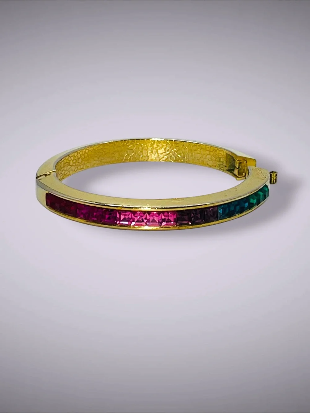 Vintage Ombre Rainbow Rhinestone CrystalChannel Set Hinged Bangle Bracelet